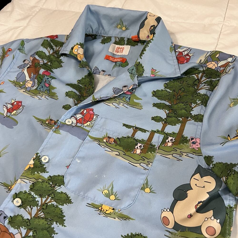 OppoSuits Pokémon Men's Short Sleeve Shirt Small Blue Forest Print Button Up - Picture 3 of 16